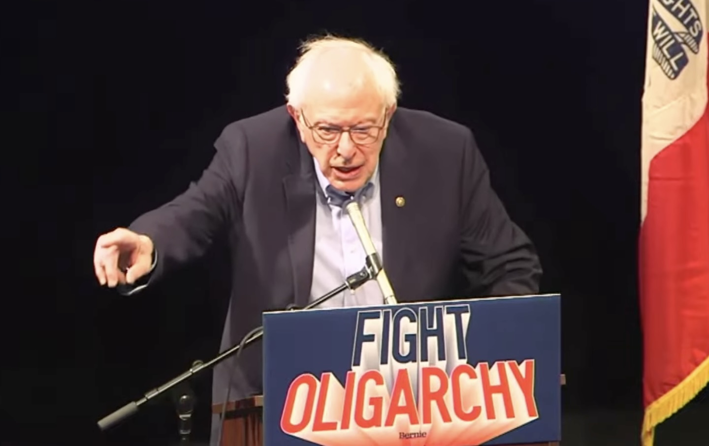 Bernie Sanders speaks during his "Fighting Oligarchy" tour in Iowa City, IA, on February 22, 2025.